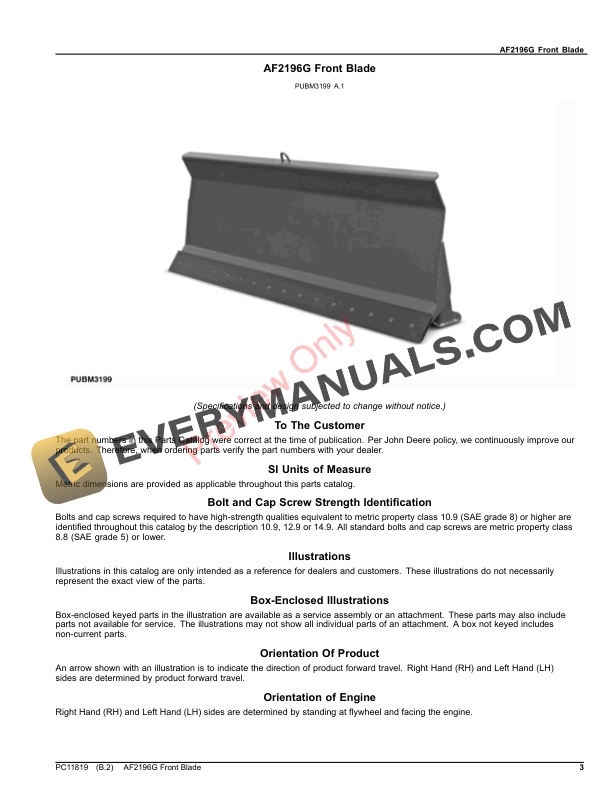 John Deere AF2196G Front Blade Parts Catalog PC11819 24OCT16 3