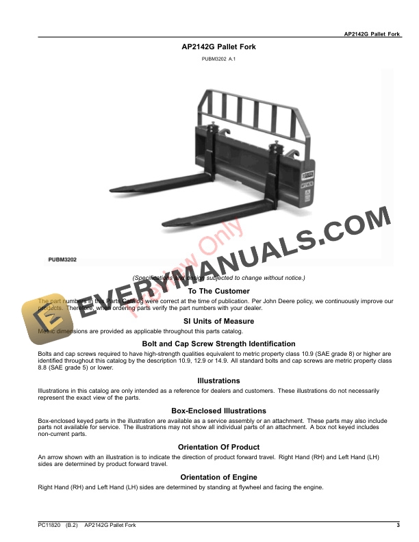 John Deere AP2142G Pallet Fork Parts Catalog PC11820 24OCT16 3