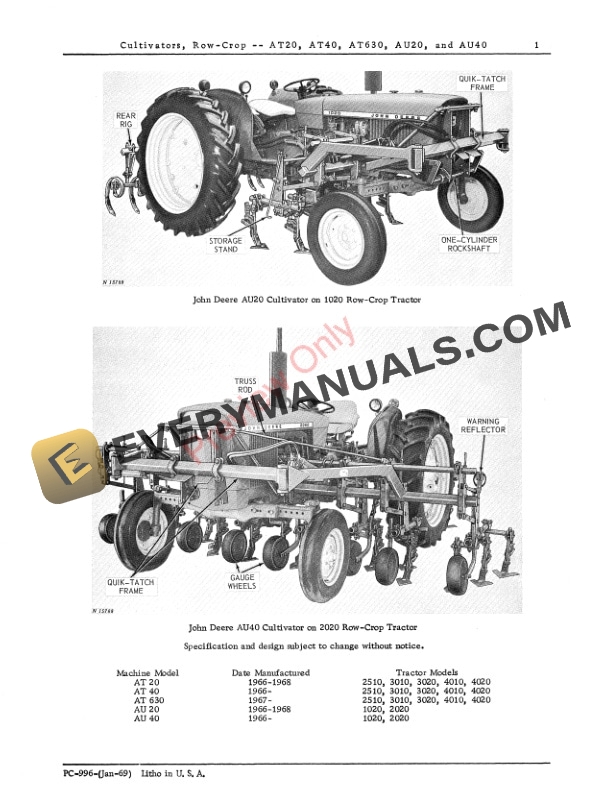 John Deere AT20, AT40, AT630, AU20, AU40 Row Crop Cultivators Parts Catalog PC996 01JAN69-3