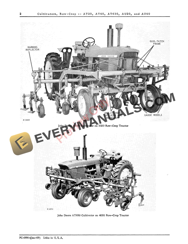 John Deere AT20, AT40, AT630, AU20, AU40 Row Crop Cultivators Parts Catalog PC996 01JAN69-4