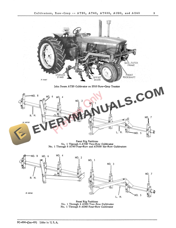 John Deere AT20, AT40, AT630, AU20, AU40 Row Crop Cultivators Parts Catalog PC996 01JAN69-5