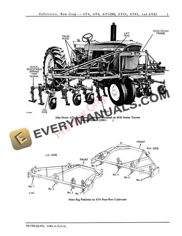 John Deere AT4, AT6, AT12BB, AT43, AT63, AT83 Row-Crop Cultivators Parts Catalog PC762 01FEB65-3