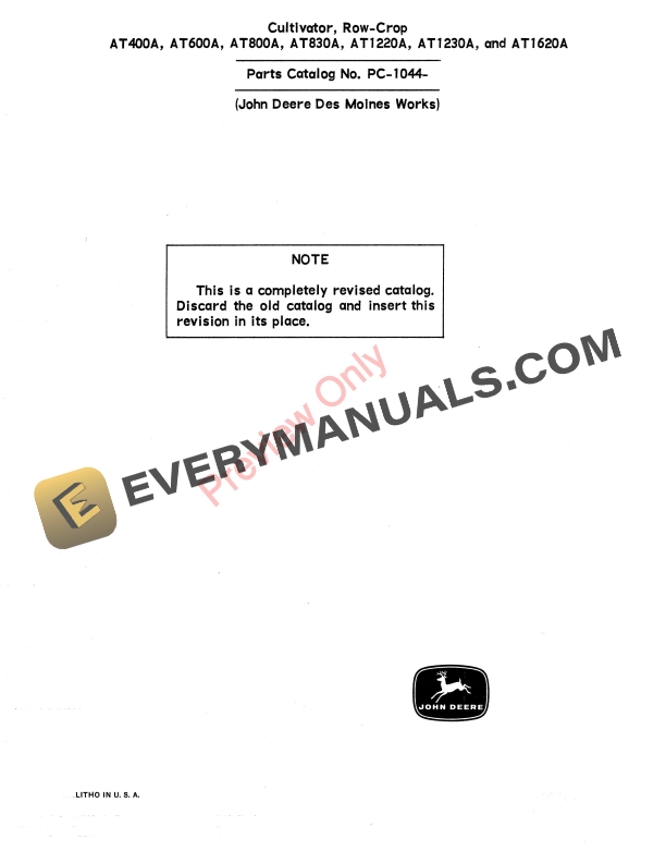 John Deere AT400A, AT600A, AT800A, AT830A, AT1220A, AT1230A, AT1620A Row Parts Catalog PC1044 01FEB71-1