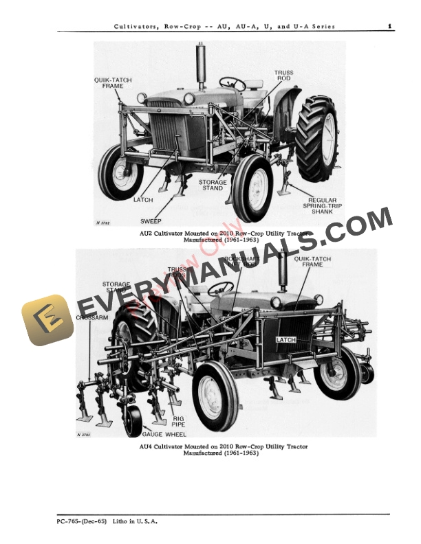 John Deere AU, AU-A, U, U-A Row-Crop Cultivators Parts Catalog PC765 01DEC65-3