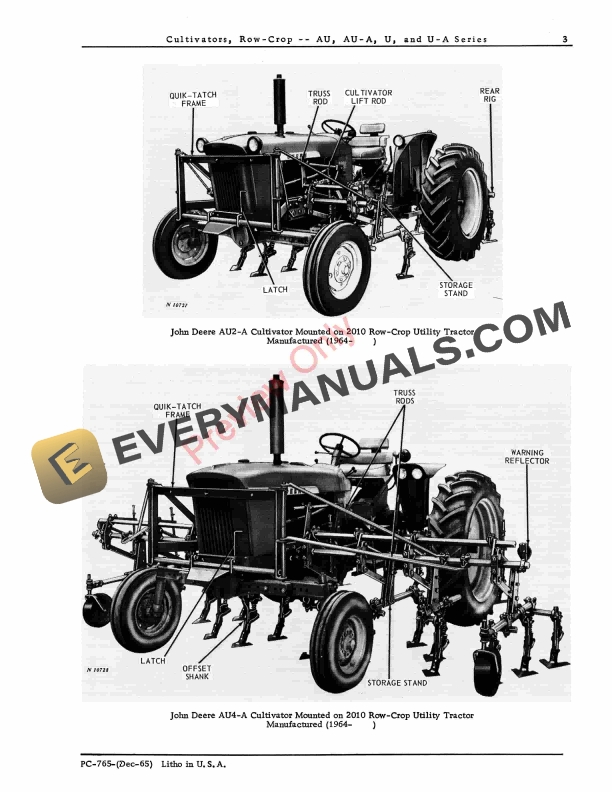 John Deere AU, AU-A, U, U-A Row-Crop Cultivators Parts Catalog PC765 01DEC65-5