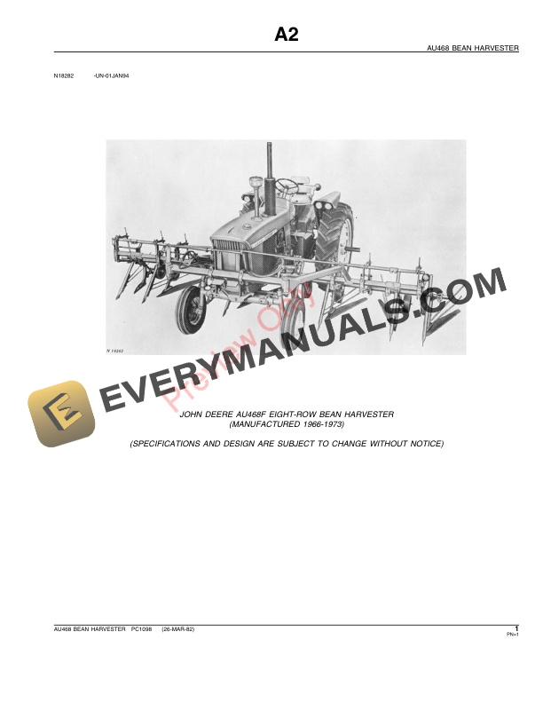 John Deere AU468 Bean Harvester Parts Catalog PC1098 26MAR82 3