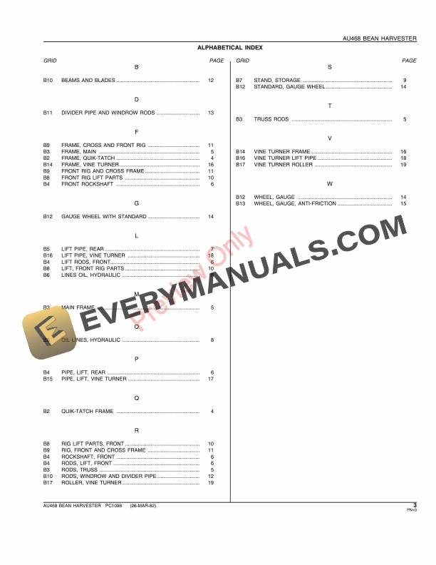 John Deere AU468 Bean Harvester Parts Catalog PC1098 26MAR82 5