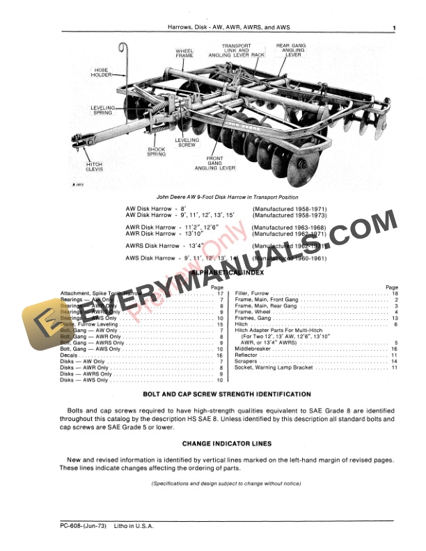 John Deere AW, AWR, AWRS, AWS Disk Harrows Parts Catalog PC608 01JUN73-3