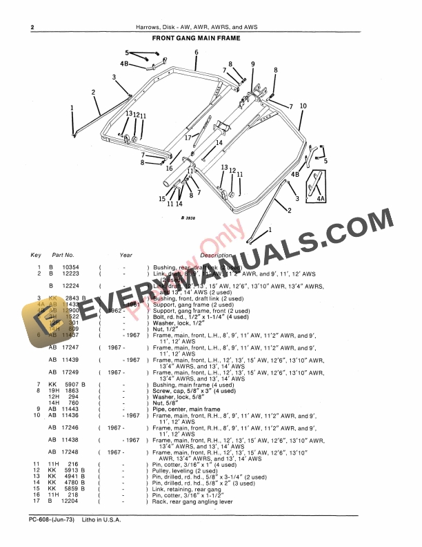 John Deere AW, AWR, AWRS, AWS Disk Harrows Parts Catalog PC608 01JUN73-4