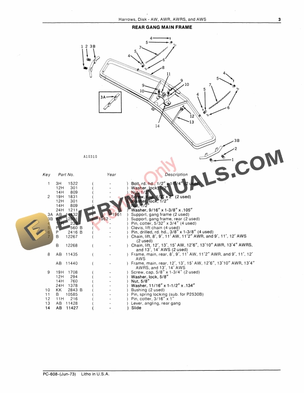 John Deere AW, AWR, AWRS, AWS Disk Harrows Parts Catalog PC608 01JUN73-5