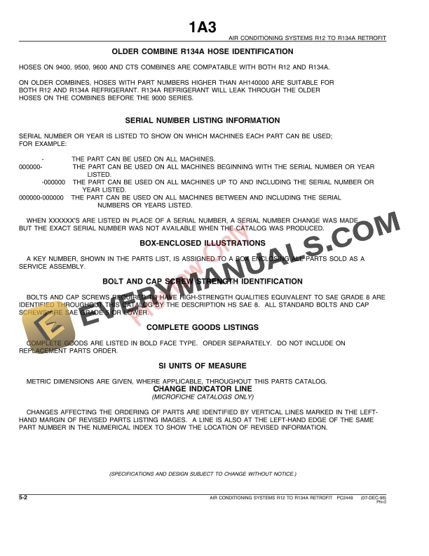 John Deere Air Conditioning Systems R12 to R134a Retrofit Parts Catalog PC2449 07DEC98-4