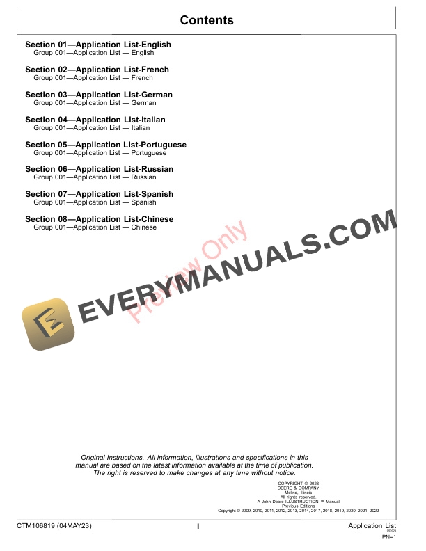 John Deere Application List Component Technical Manual CTM106819 04MAY23 3