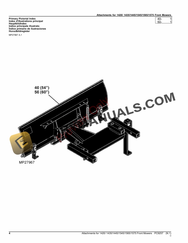 John Deere Attachments For 1420, 1435, 1445, 1545, 1565 and 1575 Front Mowers Parts Catalog PC9257 31AUG23-4