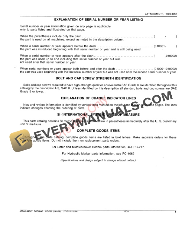 John Deere Attachments for Toolbars Parts Catalog PC723 29JAN79-3