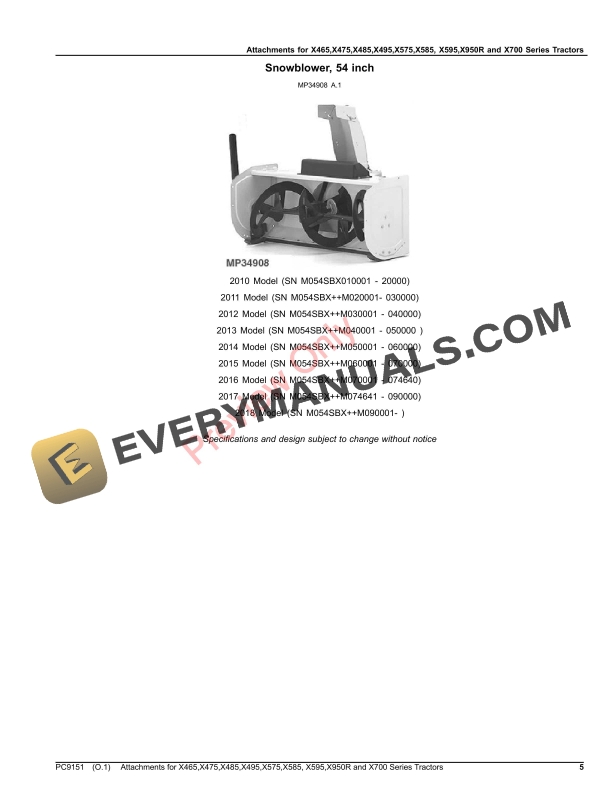 John Deere Attachments for X465,X475,X485,X495,X575,X585,X595,X950R and X700 Series Tractors Parts Catalog PC9151 22AUG23-5