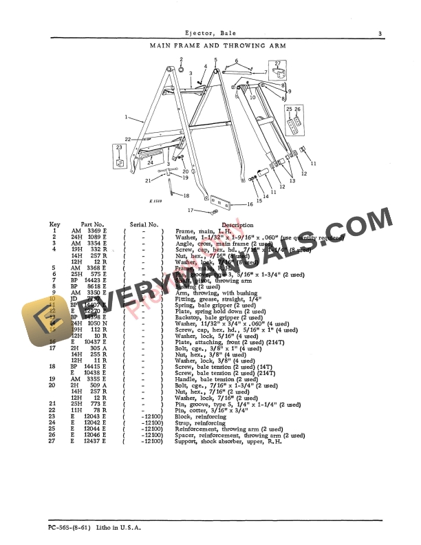 John Deere Automatic Bale Ejector (for 14T and 214T Balers) Parts Catalog PC565 01AUG61 6 John Deere Automatic Bale Ejector (for 14T and 214T Balers) Parts Catalog PC565 01AUG61-5