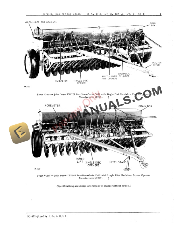 John Deere B-A, B-B, DF-B, DR-A, DR-B, FB Parts Catalog PC822 01APR73-3