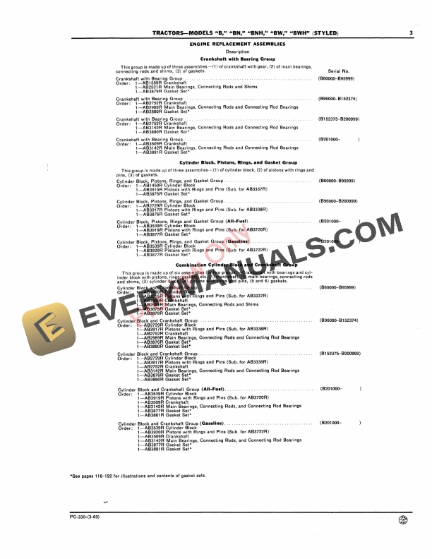 John Deere B, BN, BNH, BWH Tractors – Styled (B60000-) Parts Catalog PC330 01MAR60-5