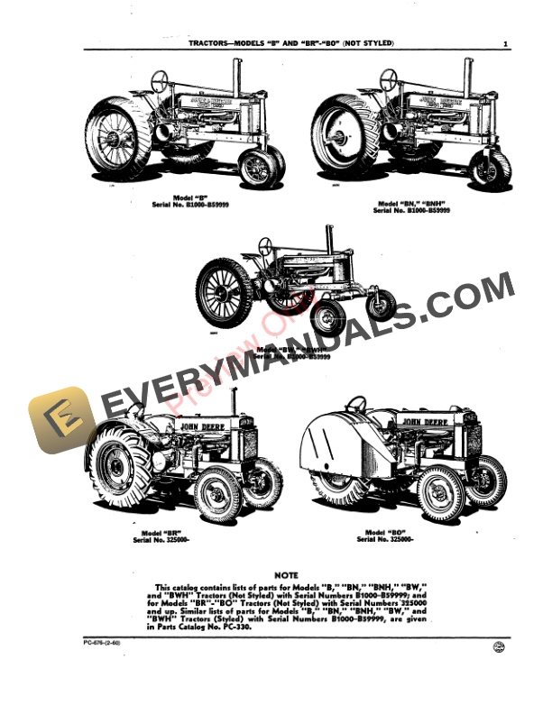 John Deere B, BR, BO, BW, BWH Tractors (Not Styled) Parts Catalog PC676 01FEB60-3