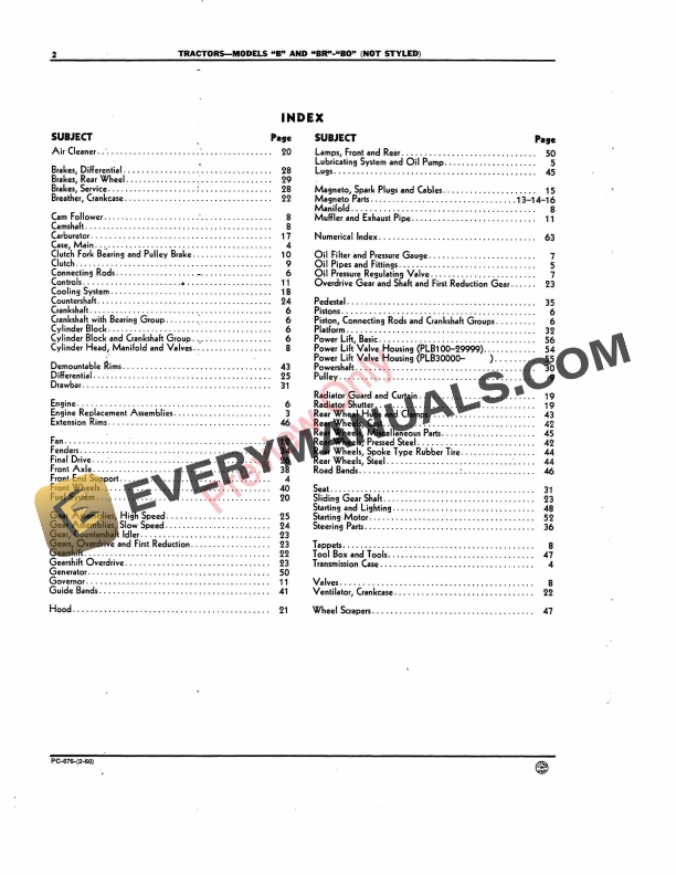 John Deere B, BR, BO, BW, BWH Tractors (Not Styled) Parts Catalog PC676 01FEB60-4