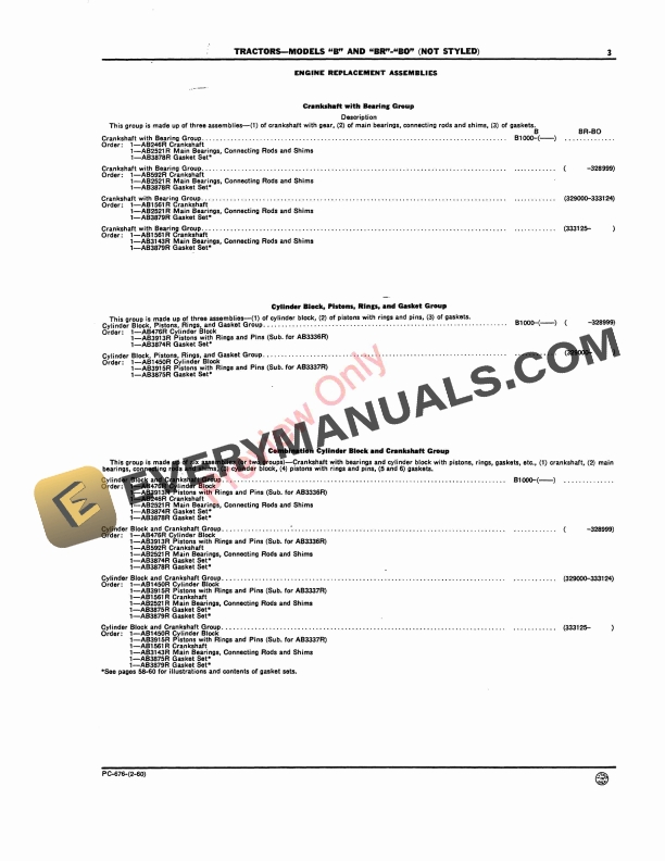 John Deere B, BR, BO, BW, BWH Tractors (Not Styled) Parts Catalog PC676 01FEB60-5