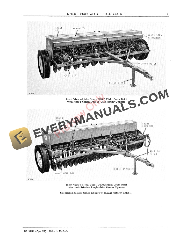 John Deere B C and D C Plain Grain Drills Parts Catalog PC1133 01APR73 3