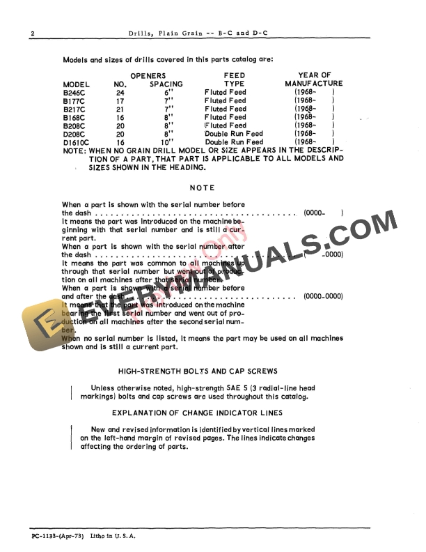 John Deere B C and D C Plain Grain Drills Parts Catalog PC1133 01APR73 4