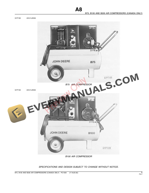 John Deere B100, B200, B75 Air Compressor Parts Catalog PC1939 17AUG82-3