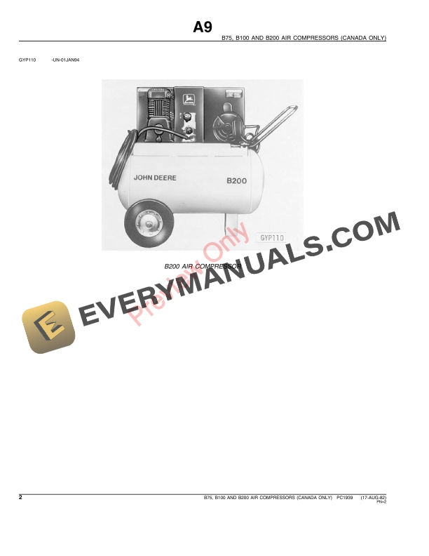 John Deere B100, B200, B75 Air Compressor Parts Catalog PC1939 17AUG82-4