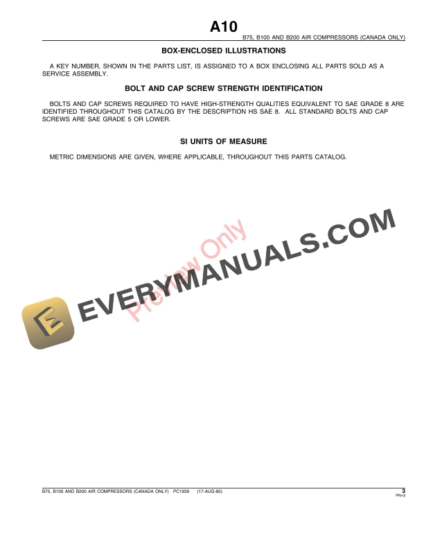 John Deere B100, B200, B75 Air Compressor Parts Catalog PC1939 17AUG82-5