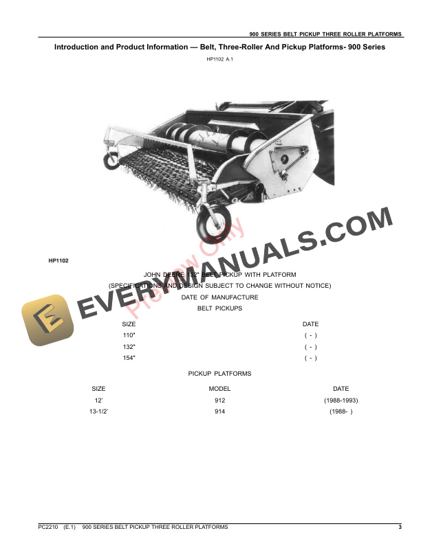 John Deere BELT, THREE-ROLLER AND PICKUP PLATFORMS- 900 SERIES Parts Catalog PC2210 12NOV21-3