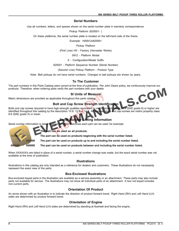 John Deere BELT, THREE-ROLLER AND PICKUP PLATFORMS- 900 SERIES Parts Catalog PC2210 12NOV21-4