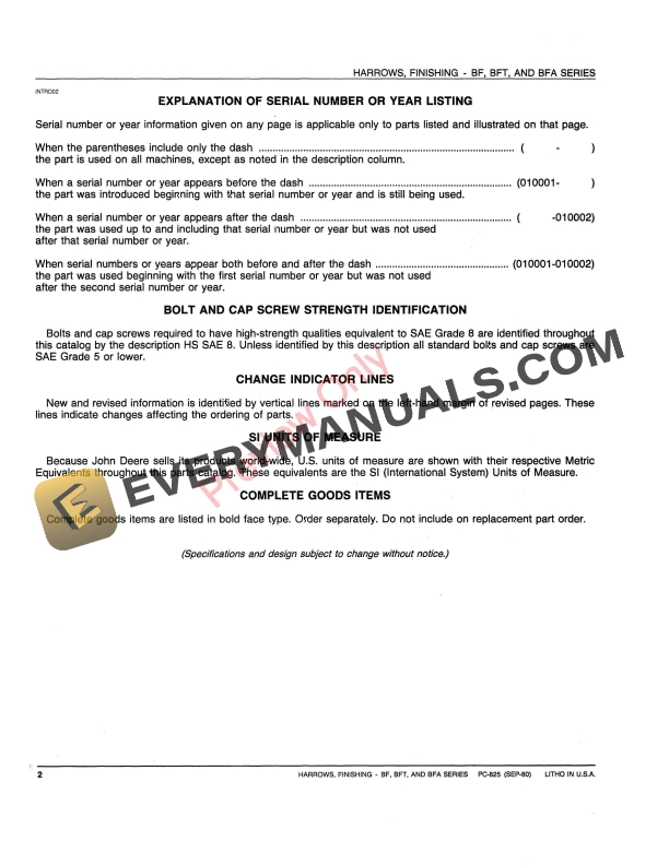 John Deere BF, BFT, BFA Series Finishing Harrows Parts Catalog PC825 09SEP80-4