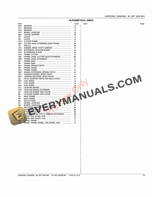 John Deere BF, BFT, BFA Series Finishing Harrows Parts Catalog PC825 09SEP80-5