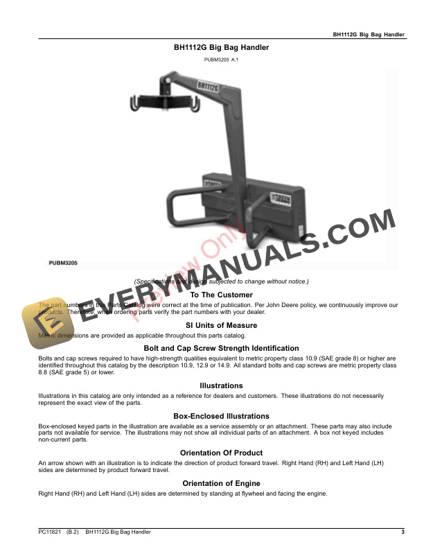 John Deere BH1112G Big Bag Handler Parts Catalog PC11821 24OCT16 3