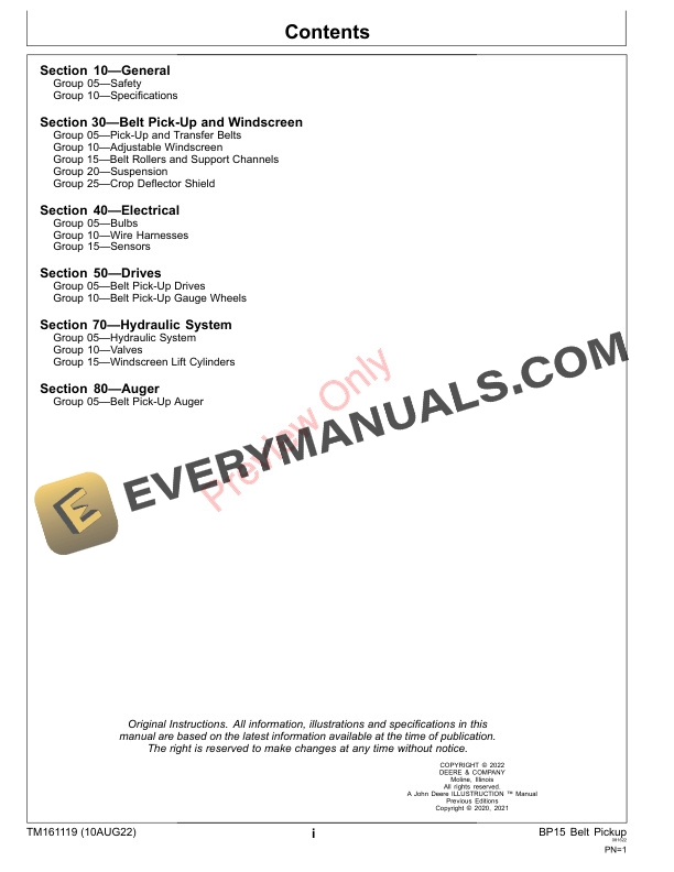 John Deere BP15 Belt Pickup Repair Technical Manual TM161119 10AUG22 3