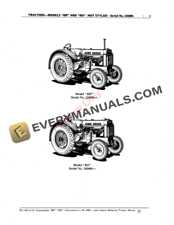 John Deere BR, BO Model Tractors – Not Styled (325000-) Parts Catalog PC190 01MAY51-3