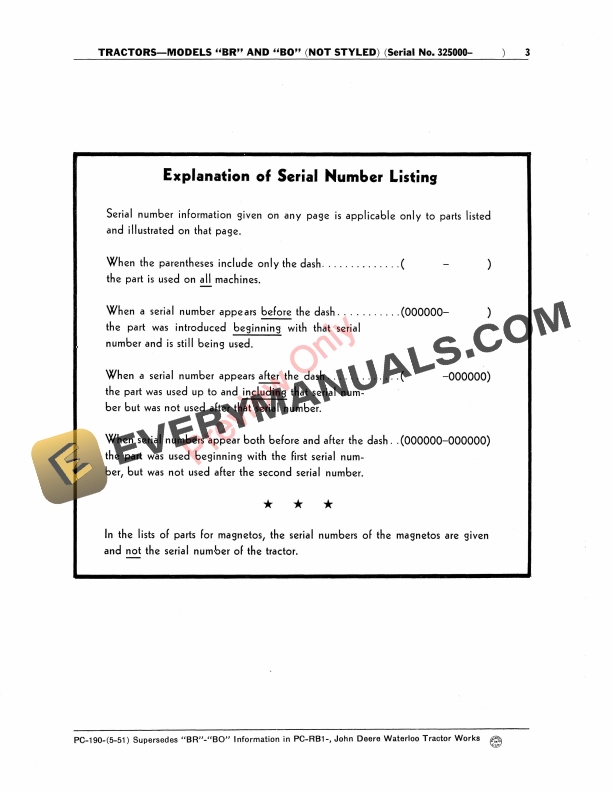 John Deere BR, BO Model Tractors – Not Styled (325000-) Parts Catalog PC190 01MAY51-5