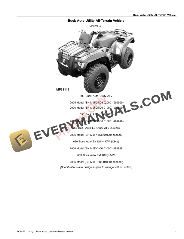 John Deere BUCK AUTO UTILITY ALL TERRAIN VEHICLE Parts Catalog PC9476 26APR21-3