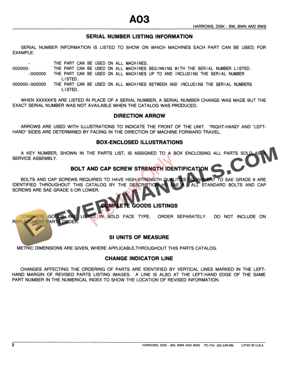 John Deere BW, BWN, BWS Disk Harrows Parts Catalog PC744 22JUN89-4