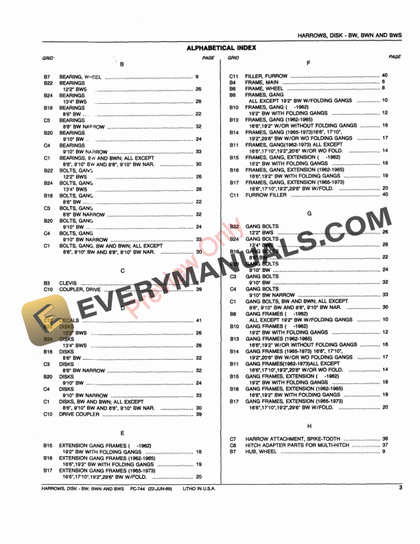 John Deere BW, BWN, BWS Disk Harrows Parts Catalog PC744 22JUN89-5
