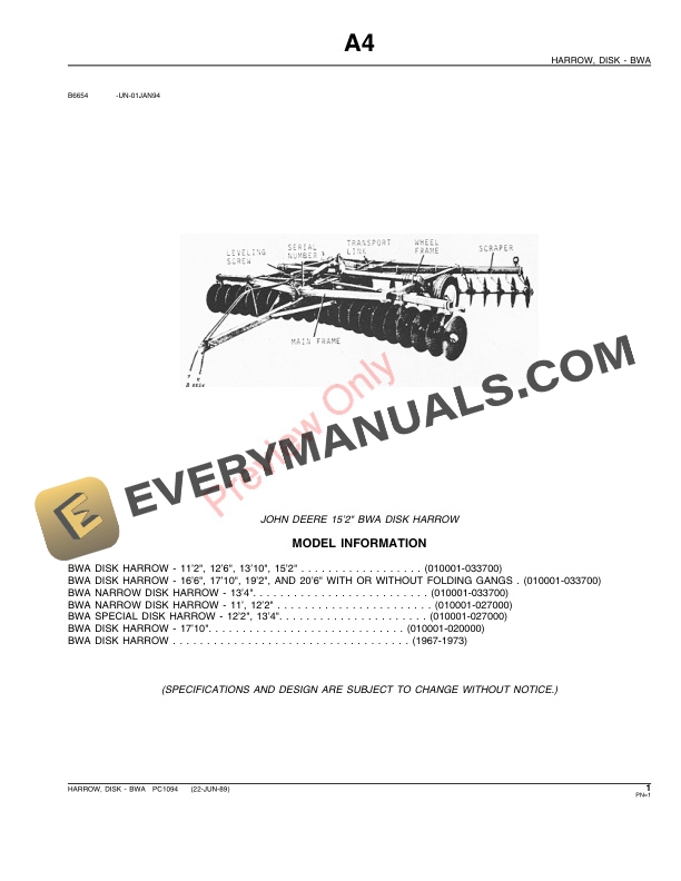 John Deere BWA Series Disk Harrow Parts Catalog PC1094 22JUN89 3