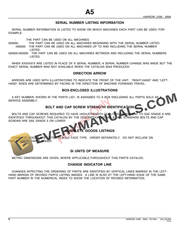 John Deere BWA Series Disk Harrow Parts Catalog PC1094 22JUN89 4