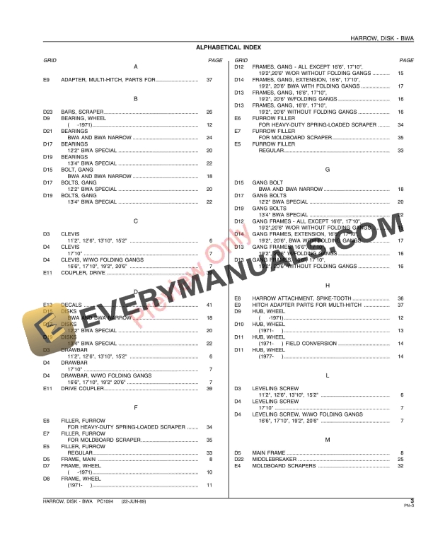 John Deere BWA Series Disk Harrow Parts Catalog PC1094 22JUN89 5