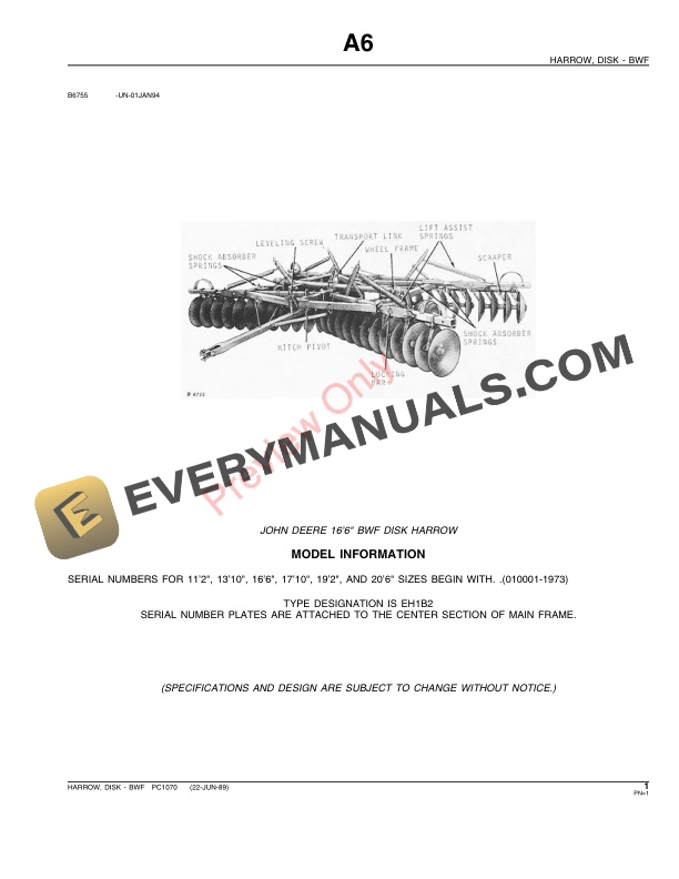 John Deere BWF Disk Harrow Parts Catalog PC1070 22JUN89 3