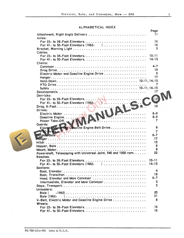 John Deere Bale Elevator and Mow Conveyer – 200 Parts Catalog PC729 01OCT68-3