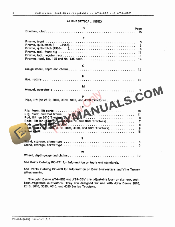 John Deere Beet, Bean, Vegetable Cultivator – AT4-6BB, AT4-6BV Parts Catalog PC764 01AUG65-4