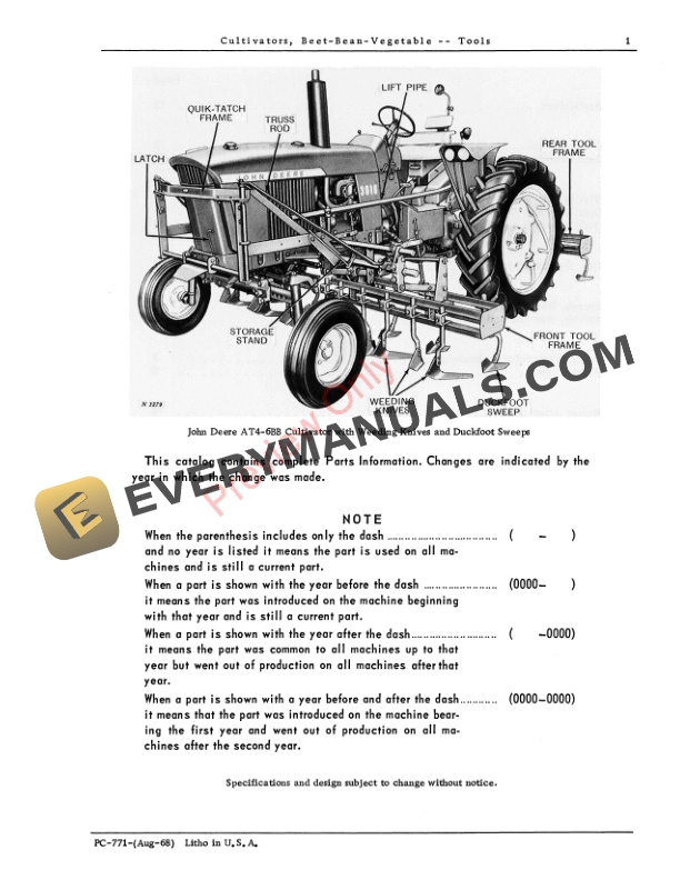 John Deere Beet, Bean, Vegetable Cultivators -- Tools Parts Catalog PC771 01AUG68 4 John Deere Beet, Bean, Vegetable Cultivators — Tools Parts Catalog PC771 01AUG68-3