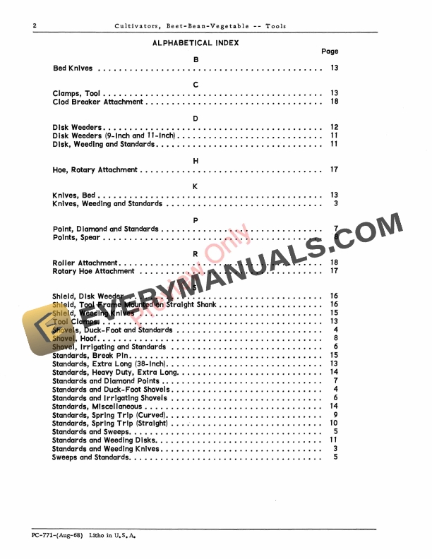John Deere Beet, Bean, Vegetable Cultivators -- Tools Parts Catalog PC771 01AUG68 5 John Deere Beet, Bean, Vegetable Cultivators — Tools Parts Catalog PC771 01AUG68-4