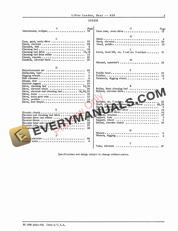 John Deere Beet Lifter-Loader Parts Catalog PC898 01JAN65-5